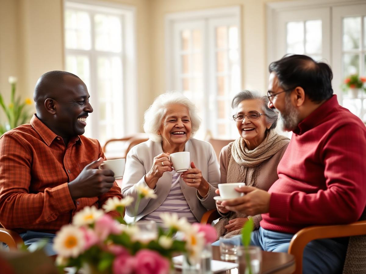 A bright, welcoming common room with sunlight, flowers, and warm furnishings